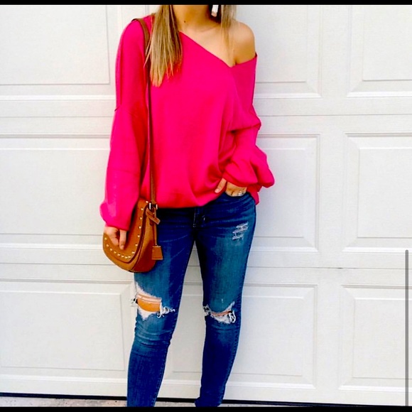 Umgee Sweaters - Umgee Off Shoulder Hot Pink Sweater Top S